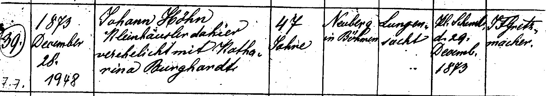 Kleinschemlaker Sterbematrikel 39/1873